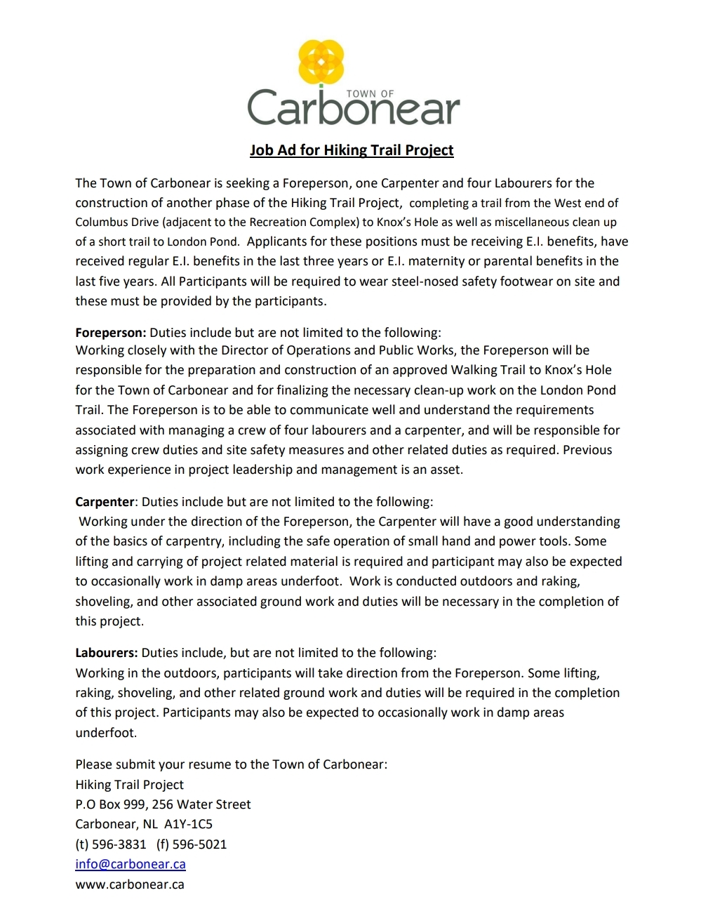 Job Posting for Hiking Trail Positions (JCP) Town of Carbonear