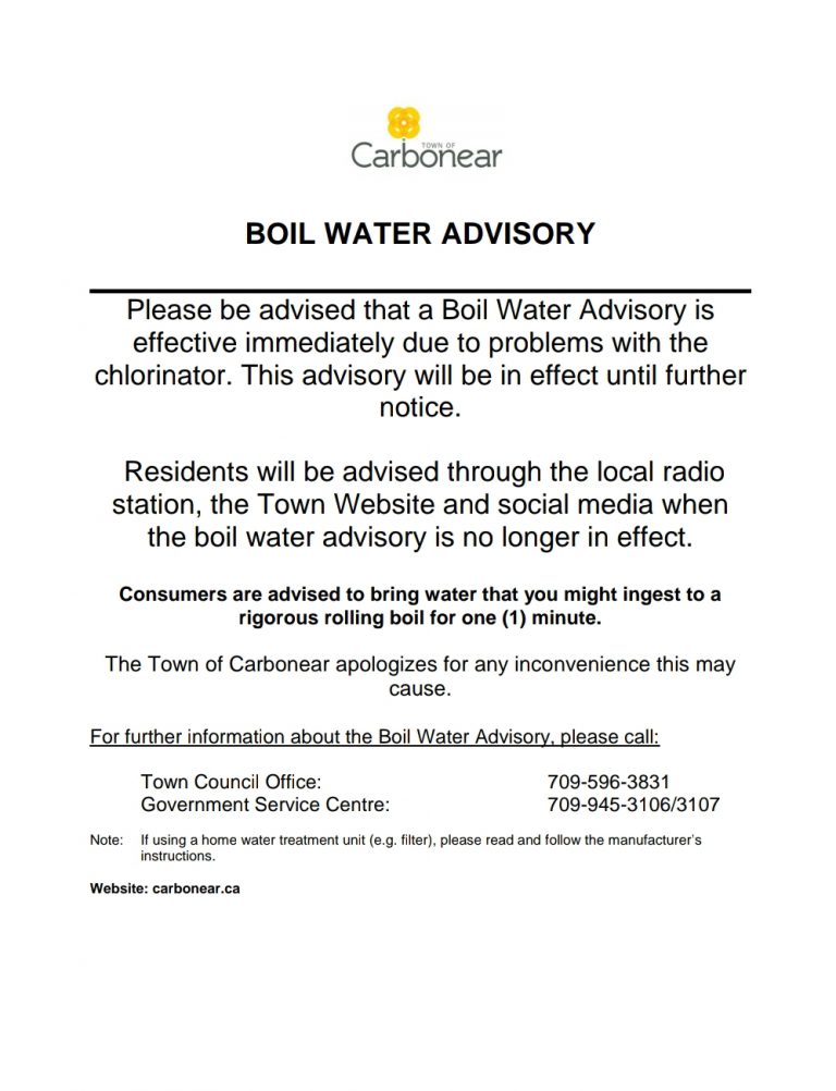 NOTICE BOIL WATER ADVISORY Town of Carbonear