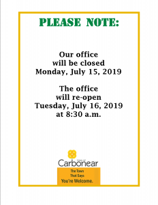Notice: Town office will be closed Monday, July 15, 2019 - Town of Carbonear