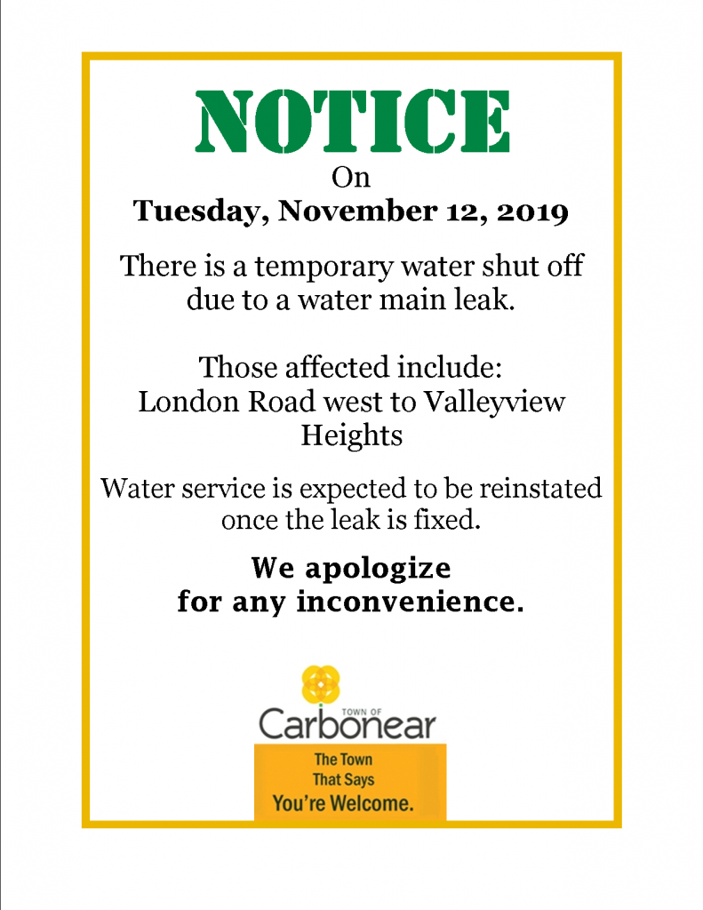 Please note Temporary Water Shut off Town of Carbonear