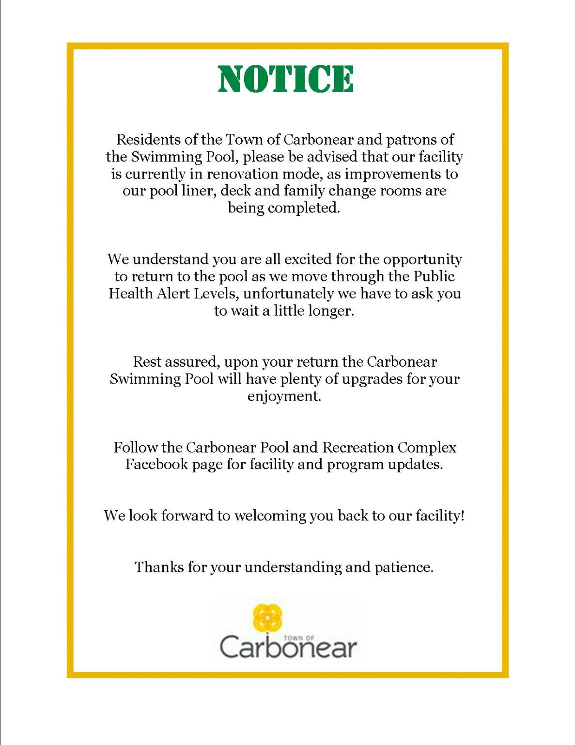 Notice Carbonear Swimming Pool renovations taking place. Town of